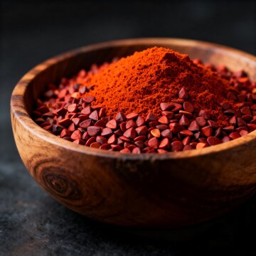 Close-up of Annatto Seeds and Paprika Powder in Wooden Bowl