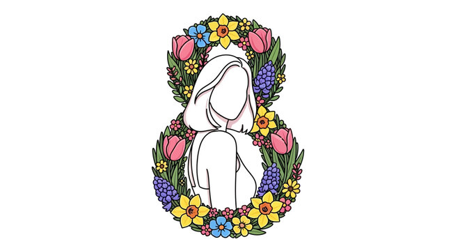 Cute rabbit head with spring flower wreath isolated on white background