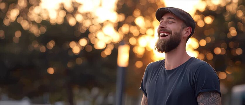 Happy bearded man enjoying sunset in urban park setting