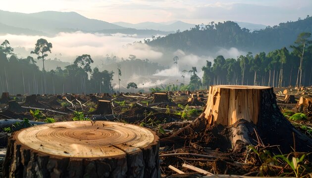 Deforestation Scene with Tree Stumps and Remaining Forest in Soft Natural Light