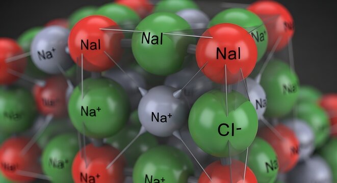 3D model of sodium chloride crystal lattice, showing atomic arrangement and ionic bonds for chemistry education