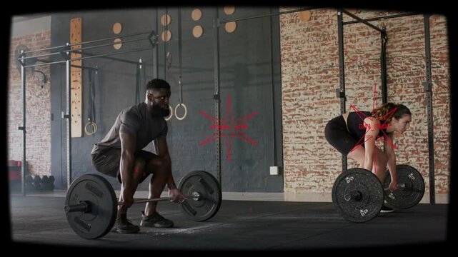 Male female duo gripping barbells hinging hips lifting to lockout lowering for fitness red overlay