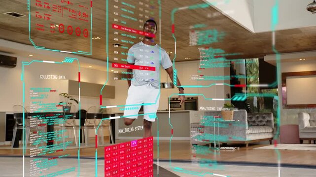Man stepping on red floor panel and shifting weight, activating AR panels for fitness balance demo