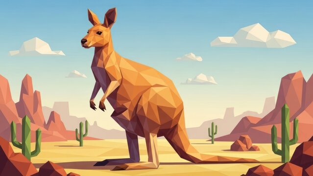 Cartoon kangaroo standing in desert landscape with cacti and red rock formations