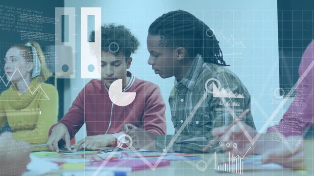Dreadlocked man pointing, two men folding paper while animated charts appearing for design class