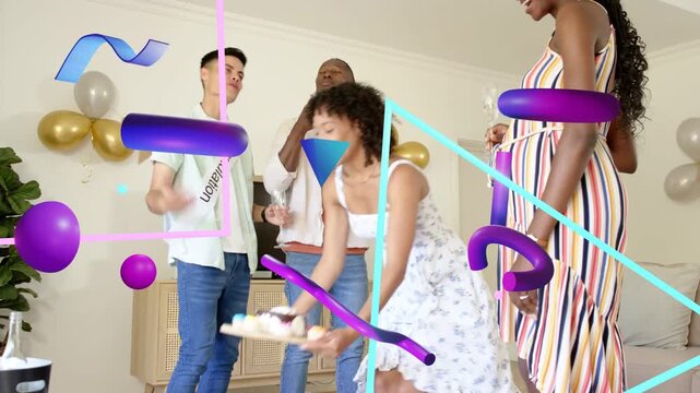 Woman bringing cake, kneeling cutting for event, friends gesturing, purple blue overlaying group