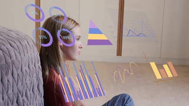 Woman sitting, on start rings and bars appearing in front of her, moving right visualizing data