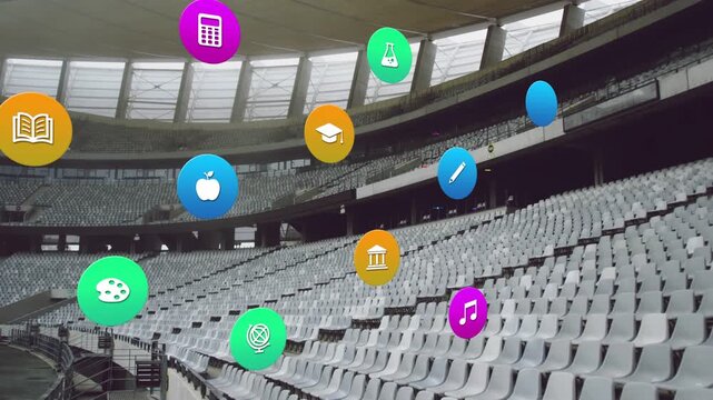 Color icons appearing upper-right, floating down, rotating, clustering over seats, showing topics