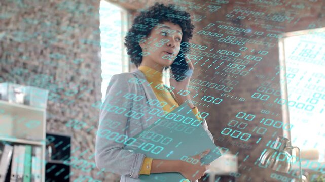 Woman answering work call holding blue folder checking watch in office binary overlay crossing face