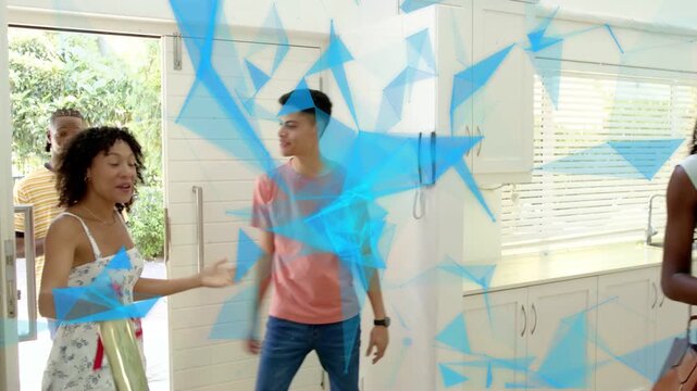 Door opening floral greeter greeting guests handing bouquet blue triangle overlaying home visit