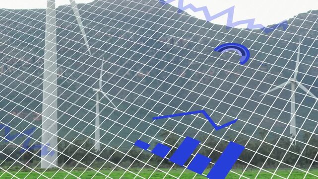 Diamond grid tilting as blue bits appearing and forming bars, line, arcs, forming chart over ridge