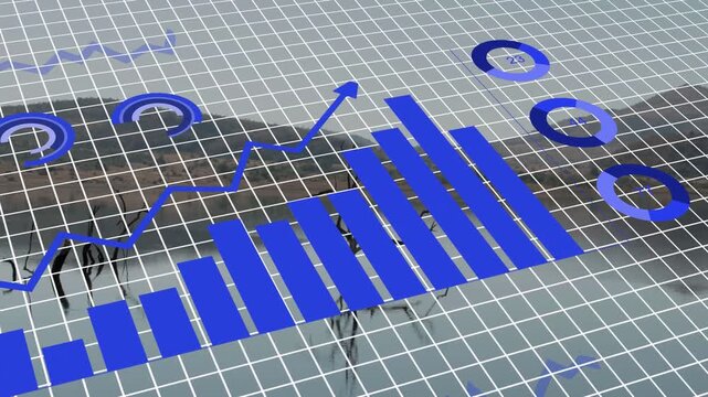 On grid reveal 3D charts unfolding, drawing rising line, growing bars, forming pie, showing trends