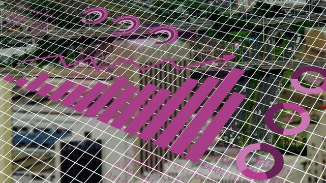 Diagonal grid appearing, magenta overlay animating, bars rising, line forming arrow, showing sales