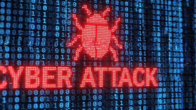 Digital blue binary code background with red bug icon and cyber attack warning text, concept for network security threat, malware infection and digital data breach protection