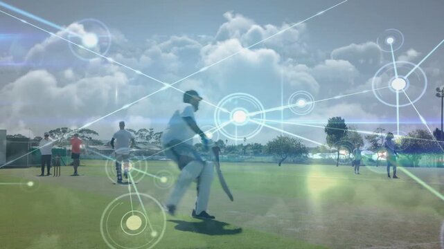 Bowler delivering ball, cricket batsman swinging bat, node overlay tracking ball and guiding run