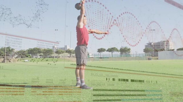 Athlete doing kettlebell routine starting low squat, helix overlay and barcode tracking for fitness