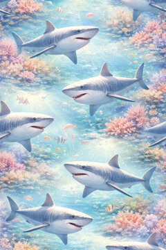 Seamless Pattern with Sharks and Coral Reef &ndash; Underwater Ocean Background