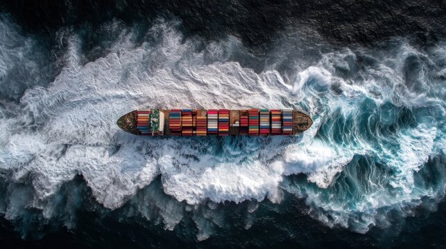 Cargo ship navigating ocean waves aerial view of container transportation