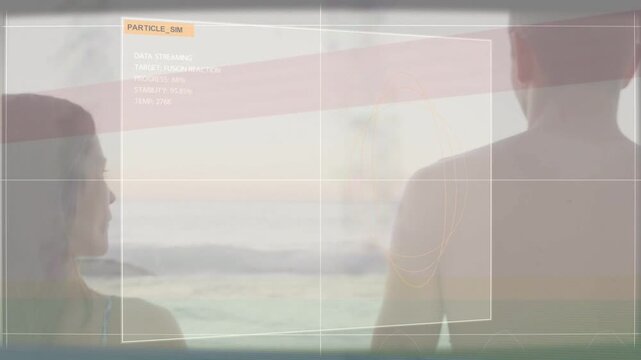 Female and male standing shore observing plume, sim starting, PARTICLE_SIM panels sliding over sea