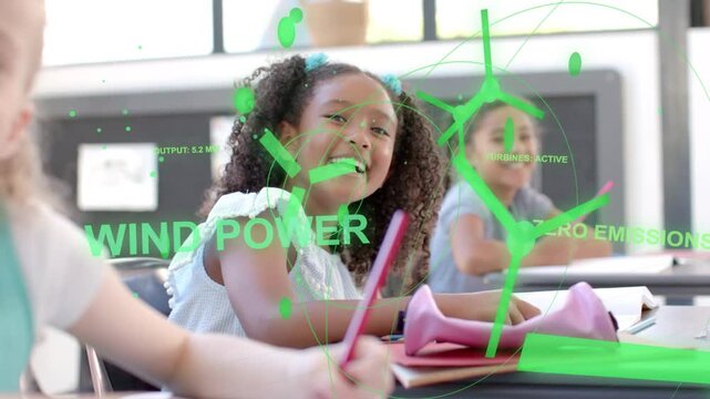 Curly-haired student writing in education space, green HUD overlaying and showing zero emissions