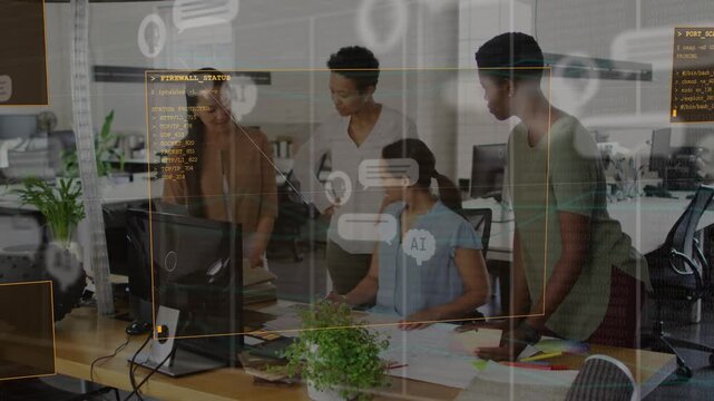 Seated operator tapping keys while team pointing at papers, AI chat icons flooding office review