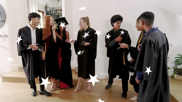 Seven grads assembling in hall for shot, crossing sweeping robes, checking phone, stars appearing