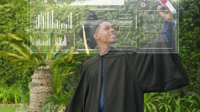 Male grad raising phone for selfie, rotating diploma while AR HUD appearing and celebrating degree