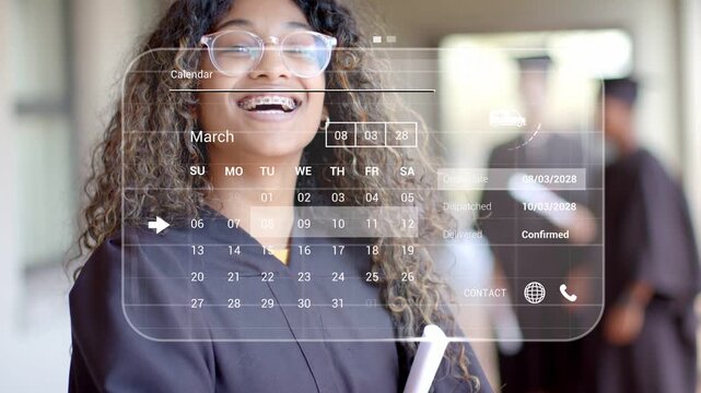 Calendar appearing, female grad centering, celebrating with diploma, overlay showing March order OK