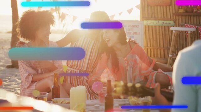 Women trio sitting at beach table, graphic bars sliding over group, man strumming guitar for ads