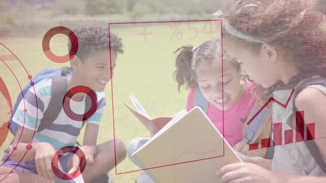 Three kids leaning over book on field, globe appearing and overlaying pages with charts, learning