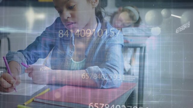 Task starting with girl finishing worksheet in classroom, HUD numbers drifting across page and face