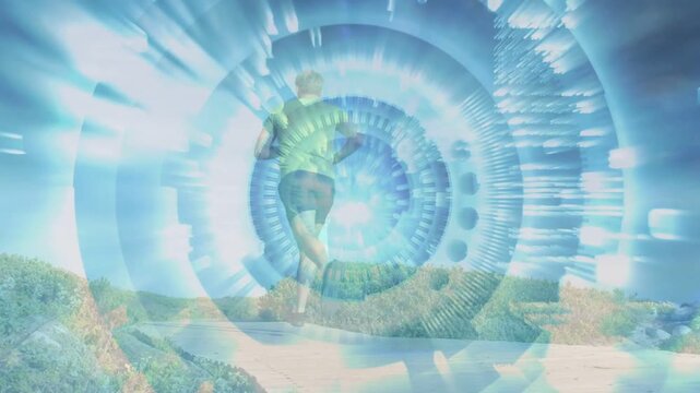 Woman opening eye, runner moving into pupil, HUD rings aligning, binary streams flowing for tech