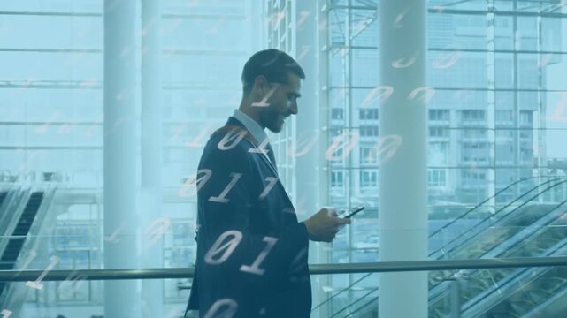 Man entering frame and reading phone, activating floating binary digits while speaking for work