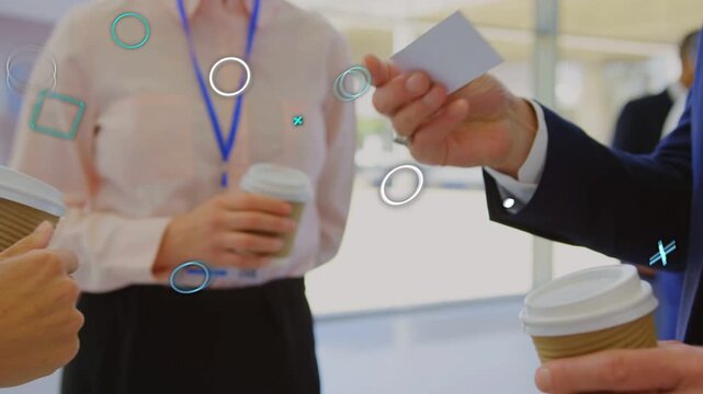 Man offering card, recipient reaching while holding cup, graphics crossing, zooming for networking