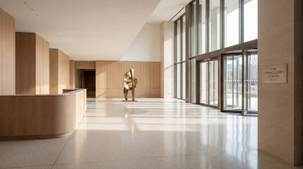 Obraz premium University foyer with refined academic entrance and pale oak wall panels with luminous textures