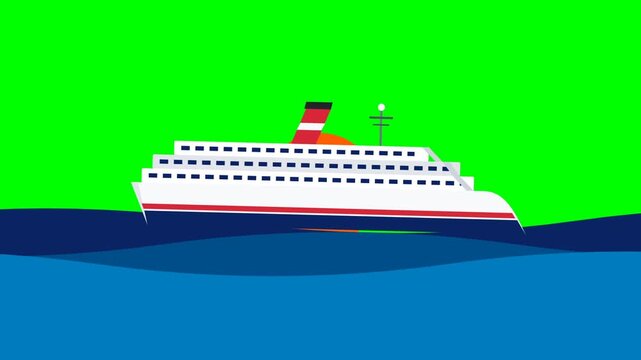 Animated cruise ship sailing on ocean waves against green screen.