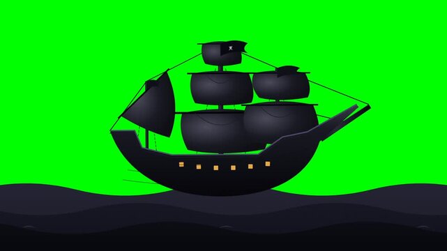 Animated pirate ship sailing on dark ocean waves against green background.