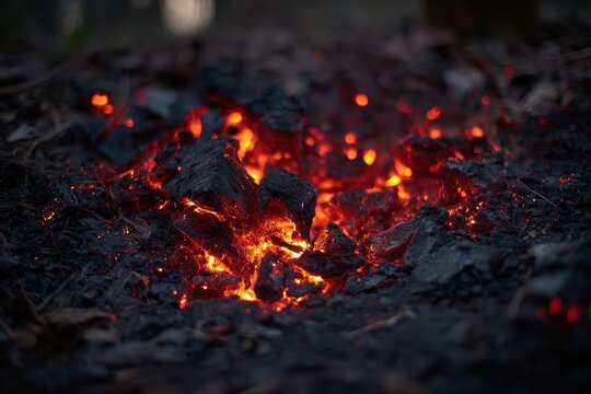 Scattered campfire ashes and glowing red embers on charred ground.