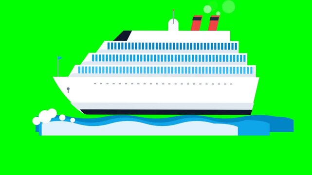 Animated white cruise ship sailing on ocean waves isolated on green screen background.