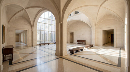 Fototapeta premium University Foyer with Cathedral-Like Ceiling Volume and Soft Limestone Walls Expansion