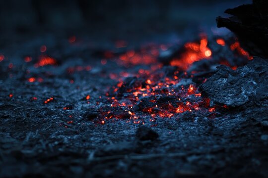 Scattered campfire ashes and glowing red embers on charred ground.