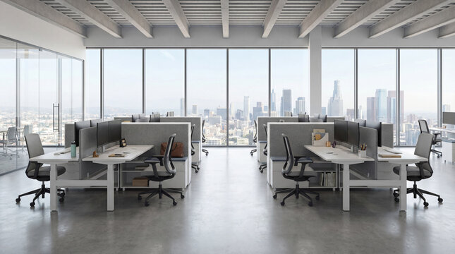 Large modern office with half-height desk partitions organized workstations panoramic view for corporate inspiration