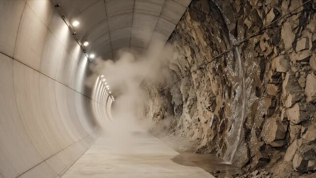 Dramatic Tunnel Interior with Smooth Concrete Arches and Rugged Rock Walls with Seepage and Lights