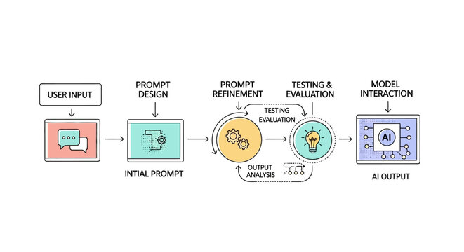 Flowchart illustrating the iterative process of prompt design and model interaction in AI systems.