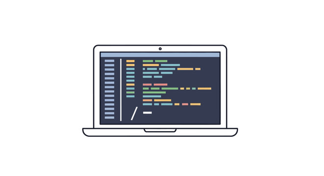 Laptop computer displaying colorful programming code on screen.