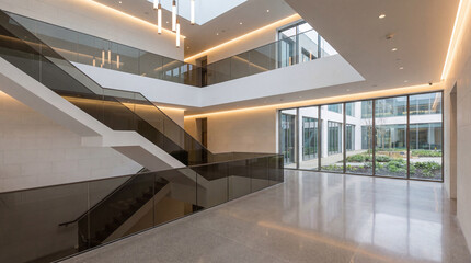 Obraz premium University Foyer with Tranquil Modernist Design, White Stone Walls, and Smoked Glass Accents