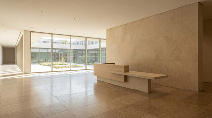 Fototapeta premium University foyer with premium architectural restraint and muted beige palette including terrazzo detailing