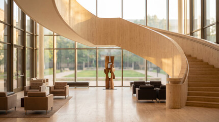 Fototapeta premium University foyer with high-value architecture including travertine stair ribbons and bright natural light flow