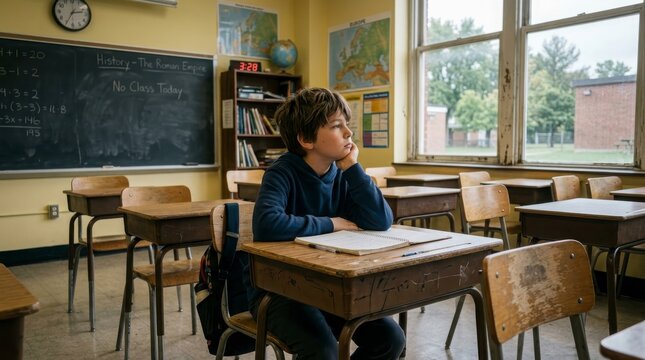 young boy sits alone at desk in empty classroom with chalkboard