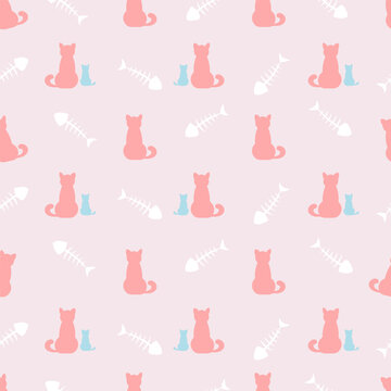 Pinky Cat and Fish Bone Seamless Pattern for pet shop wallpaper, Cute Pet Fabric and Background Design